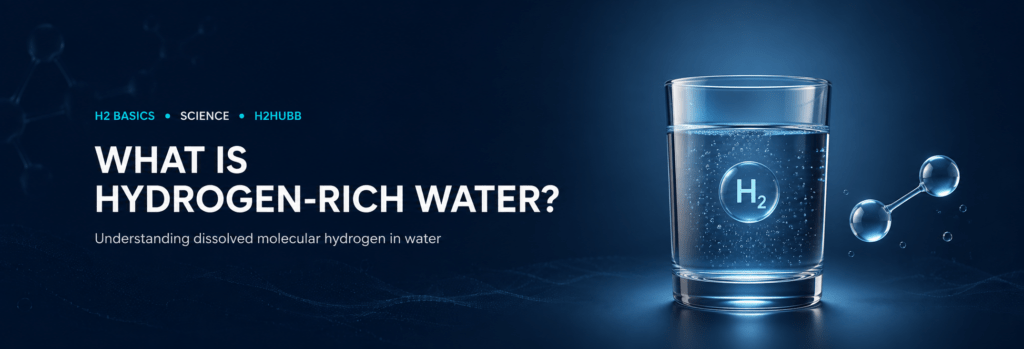 Glass of hydrogen-rich water with dissolved H₂ molecules, illustrating molecular hydrogen science and how hydrogen water works.