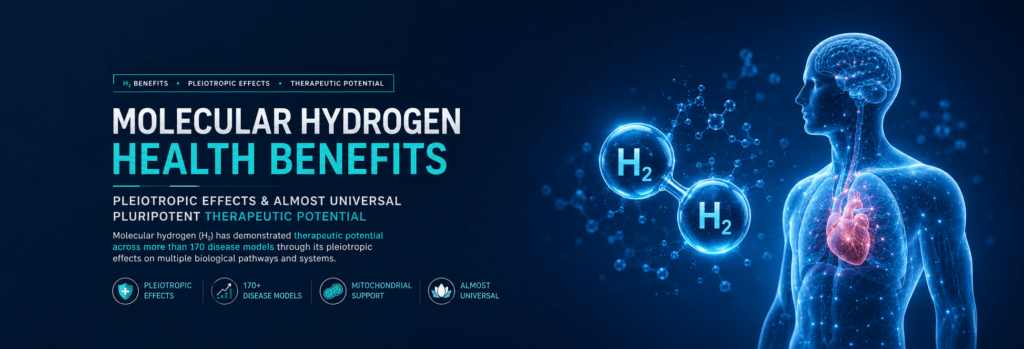 Molecular hydrogen H2 health benefits illustrating pleiotropic effects and therapeutic potential across 170+ disease models.