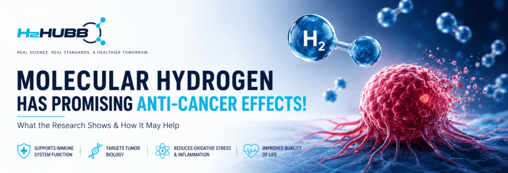 Molecular hydrogen H2 molecules surrounding a cancer cell, illustrating promising anti-cancer effects studied in hydrogen cancer research.