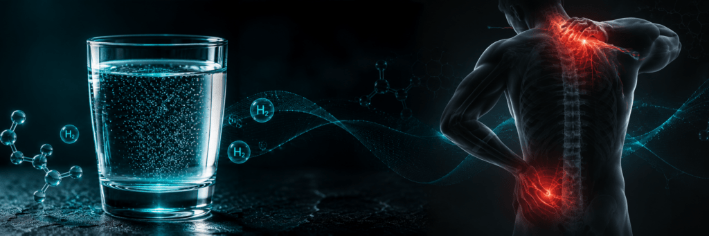 Hydrogen water for chronic pain article banner with molecular hydrogen and pain pathway theme