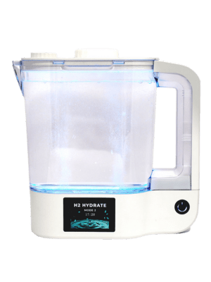 H2 Hydrate water purifier pitcher with a transparent body and blue lighting.