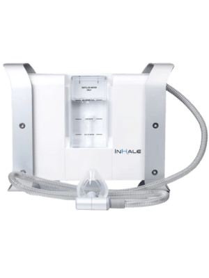 Inhale H2 hydrogen inhalation device with a clear water chamber and attached hose.
