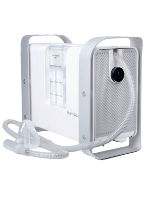 Inhale H2 hydrogen inhalation device with a clear front panel and attached tubing. Inhale H2 hydrogen inhalation device with a clear front panel and attached tubing.