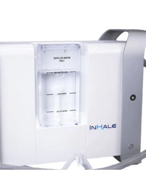 Hydrogen water generator with a clear water chamber labeled for distilled water use.